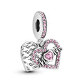Mum Heart Sterling Silver Dangle With Fancy Fairy Tale Pink Cubic Zirconia, Phlox Pink And Cerise Crystal