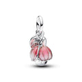 Openable Flower Sterling Silver And 14K Gold-Plated Dangle With Royal Green Crystal And Glittery Shaded Pink Uv Resin