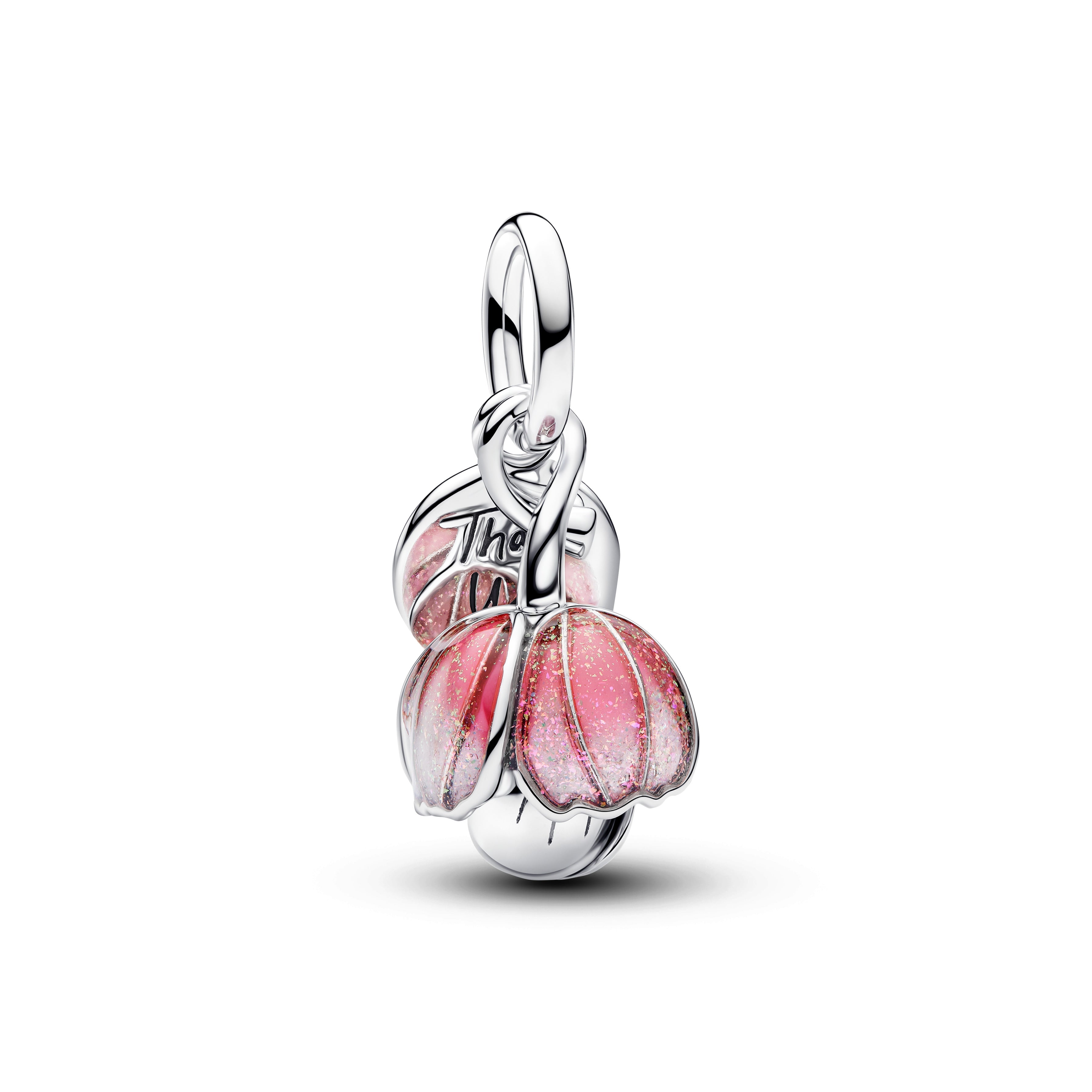 Openable Flower Sterling Silver And 14K Gold-Plated Dangle With Royal Green Crystal And Glittery Shaded Pink Uv Resin