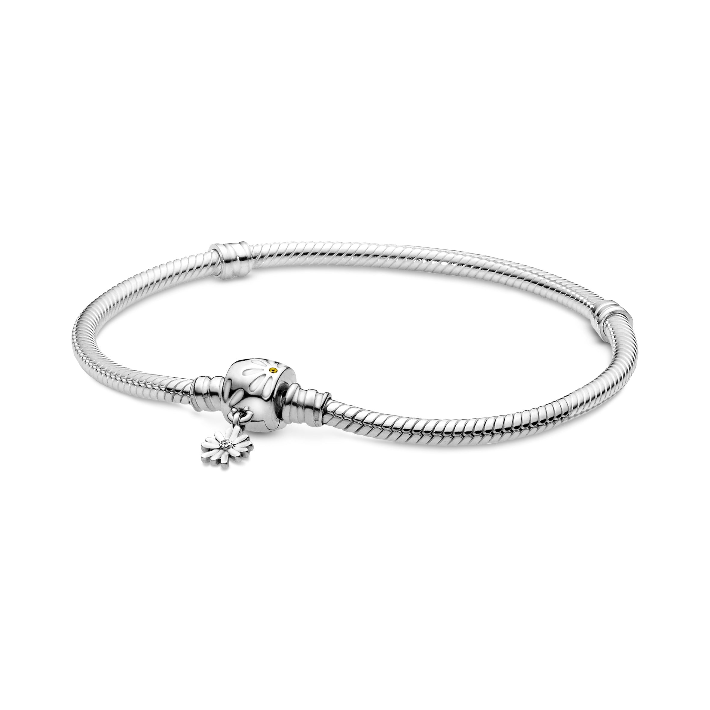Snake Chain Sterling Silver Bracelet And Daisy Clasp With Yellow Crystal, Clear Cubic Zirconia And White Enamel