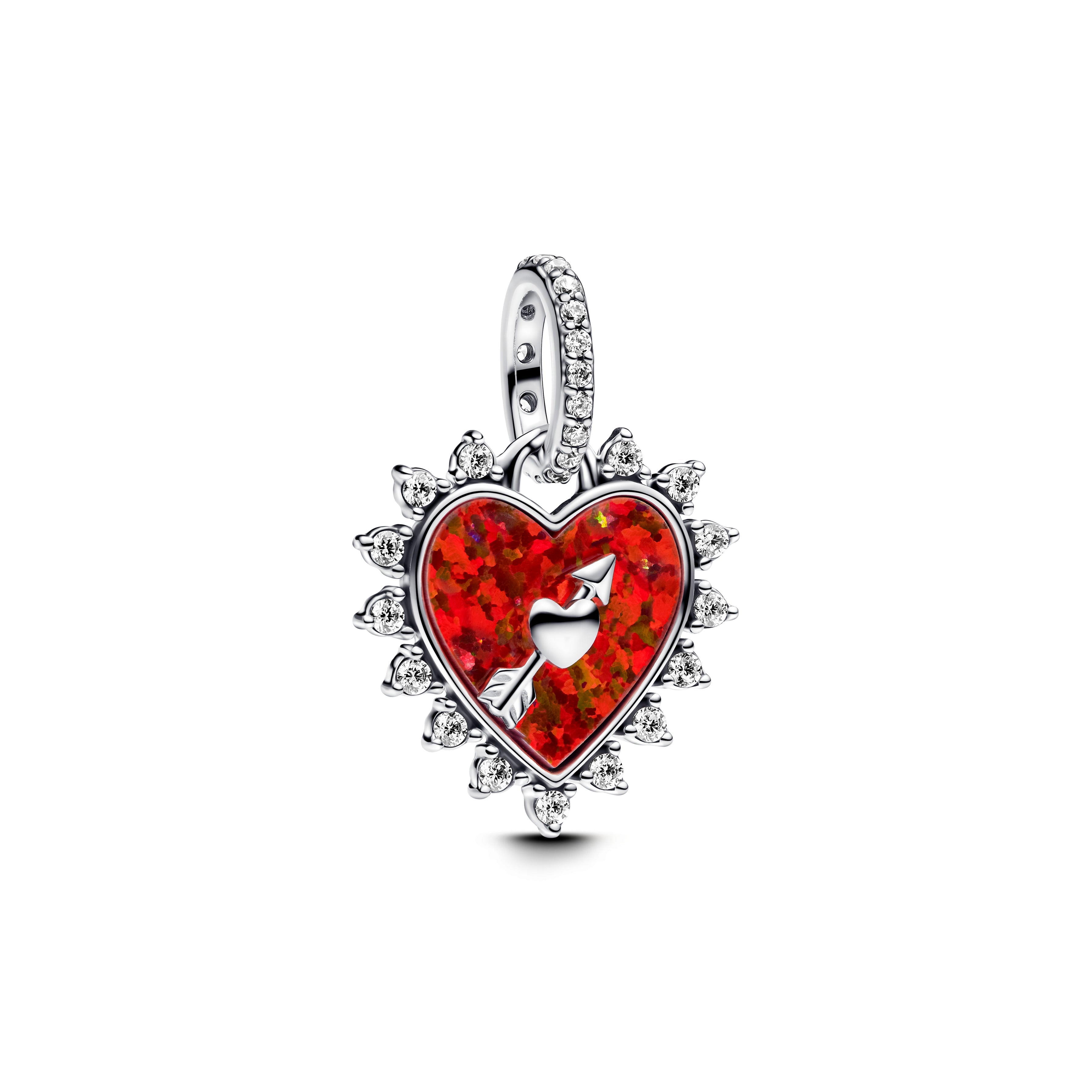 Spinnable Arrow Heart Sterling Silver Dangle With Red Lab-Created Opal And Clear Cubic Zirconia