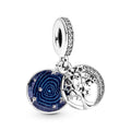Star And Moon Family Tree Sterling Silver Dangle With Clear Cubic Zirconia And Blue Glittery Enamel
