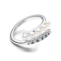 Sterling Silver Open Ring With White Treated Freshwater Cultured Pearl And Clear Cubic Zirconia