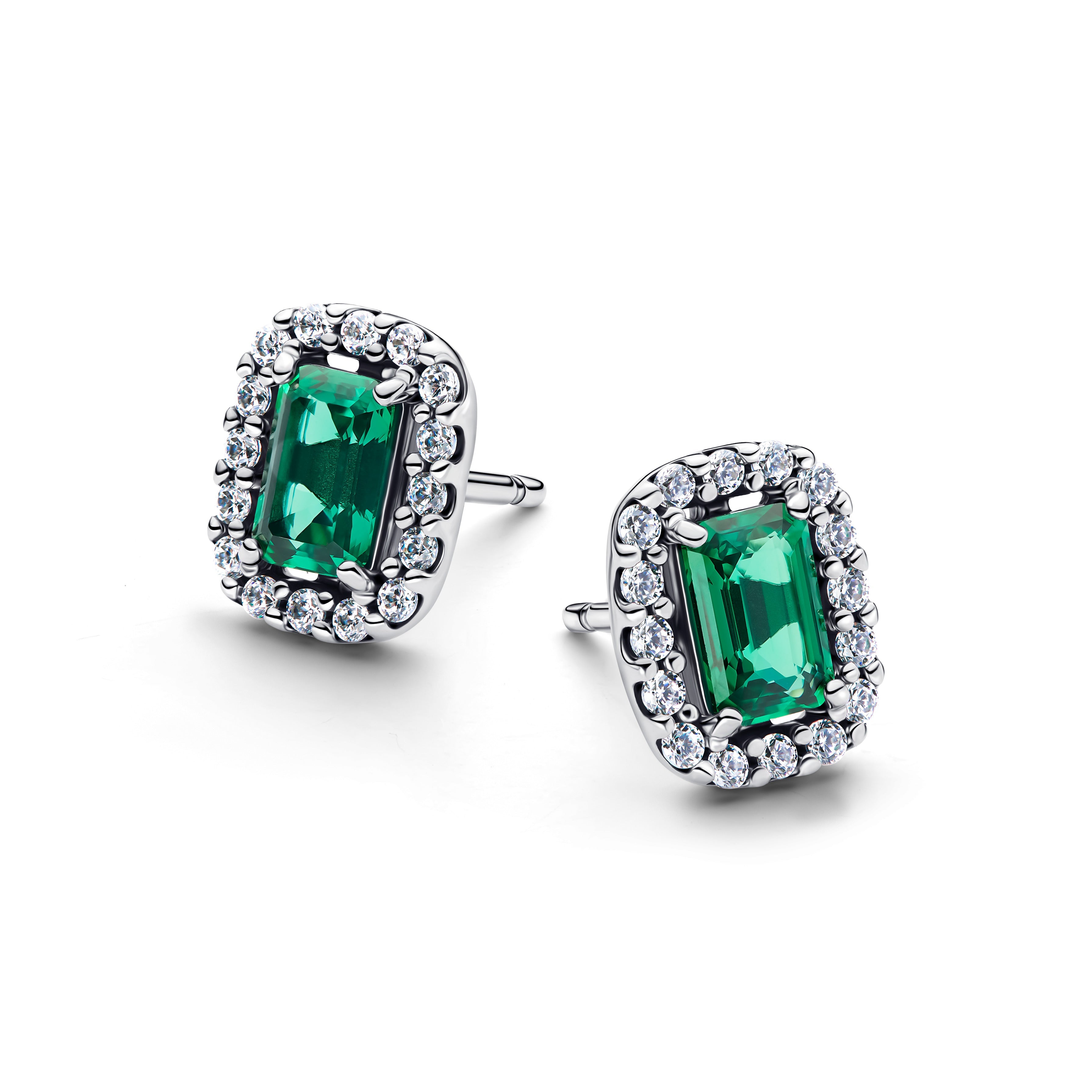 Sterling Silver Stud Earrings With Royal Green Crystal And Clear Cubic Zirconia
