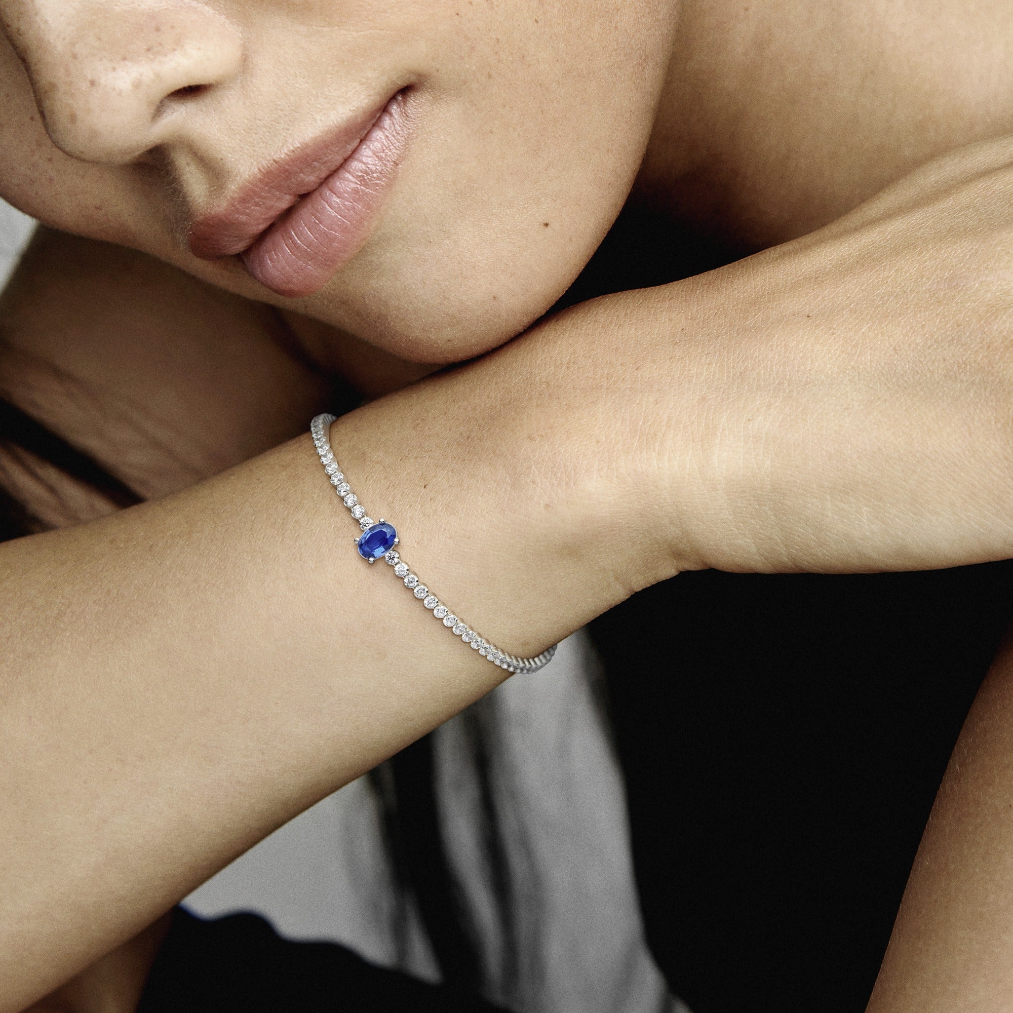Sterling Silver Tennis Bracelet With Princess Blue Crystal And Clear Cubic Zirconia