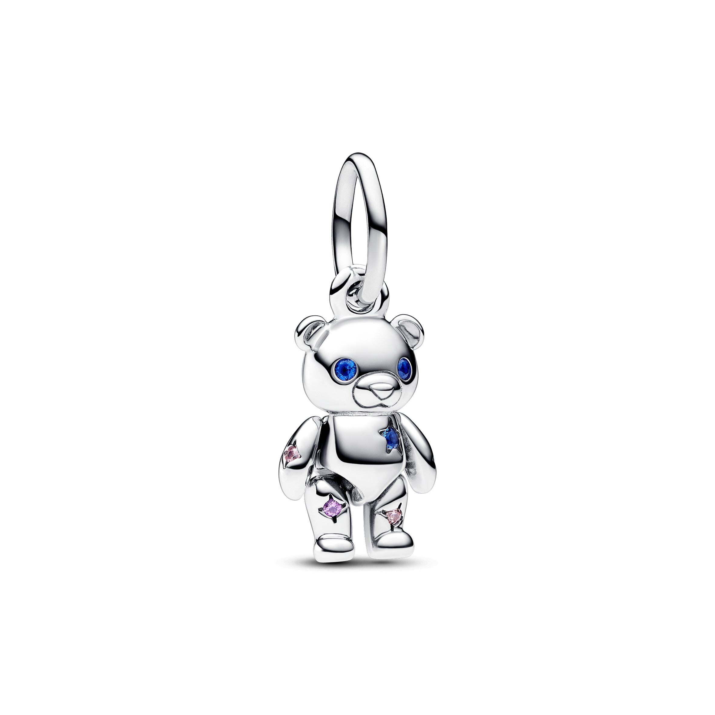 Teddy Bear Sterling Silver Dangle With Fancy Fairy Tale Pink Cubic Zirconia, Royal Purple And Stellar Blue Crystal