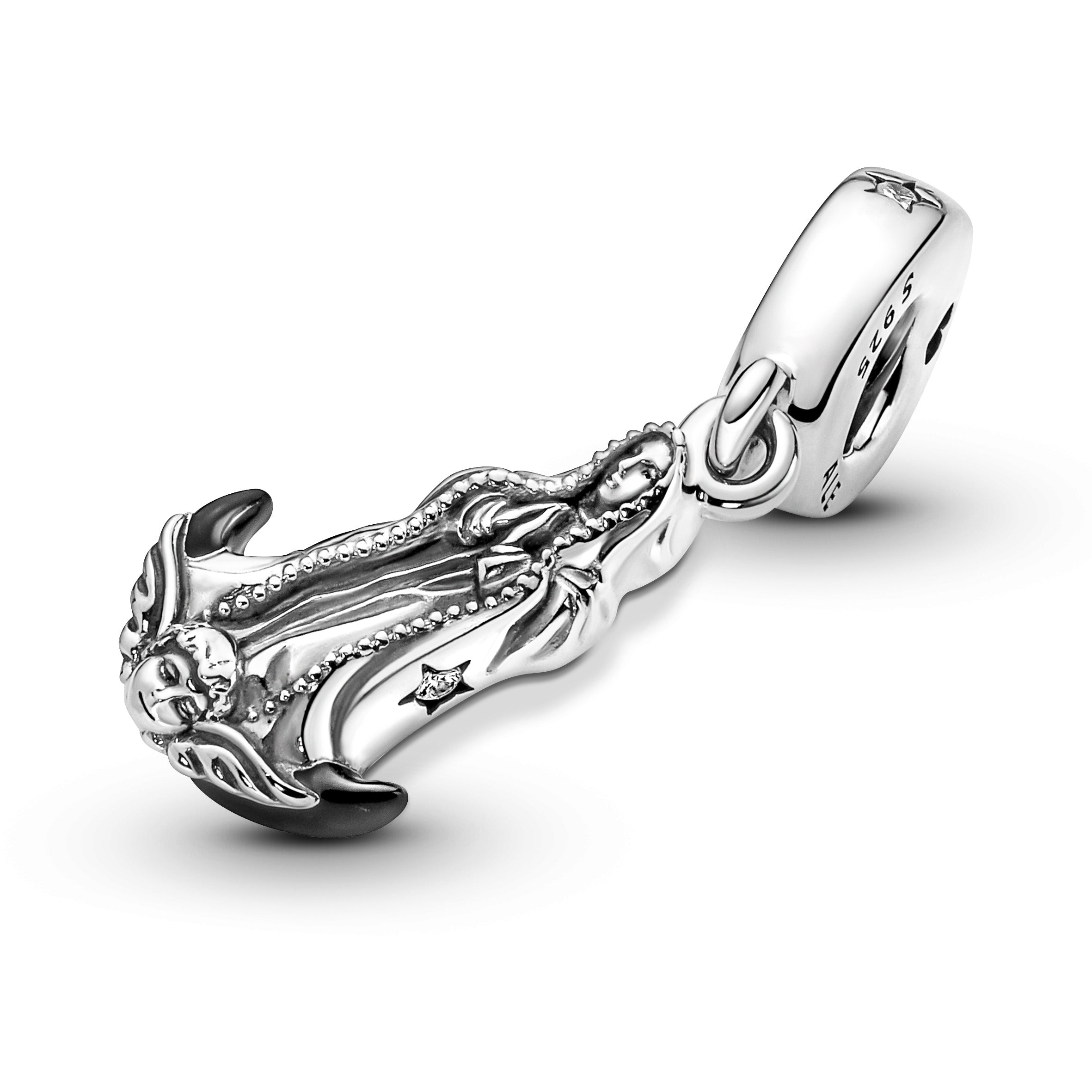 Virgin Of Guadalupe Sterling Silver Dangle With Clear Cubic Zirconia And Black Enamel