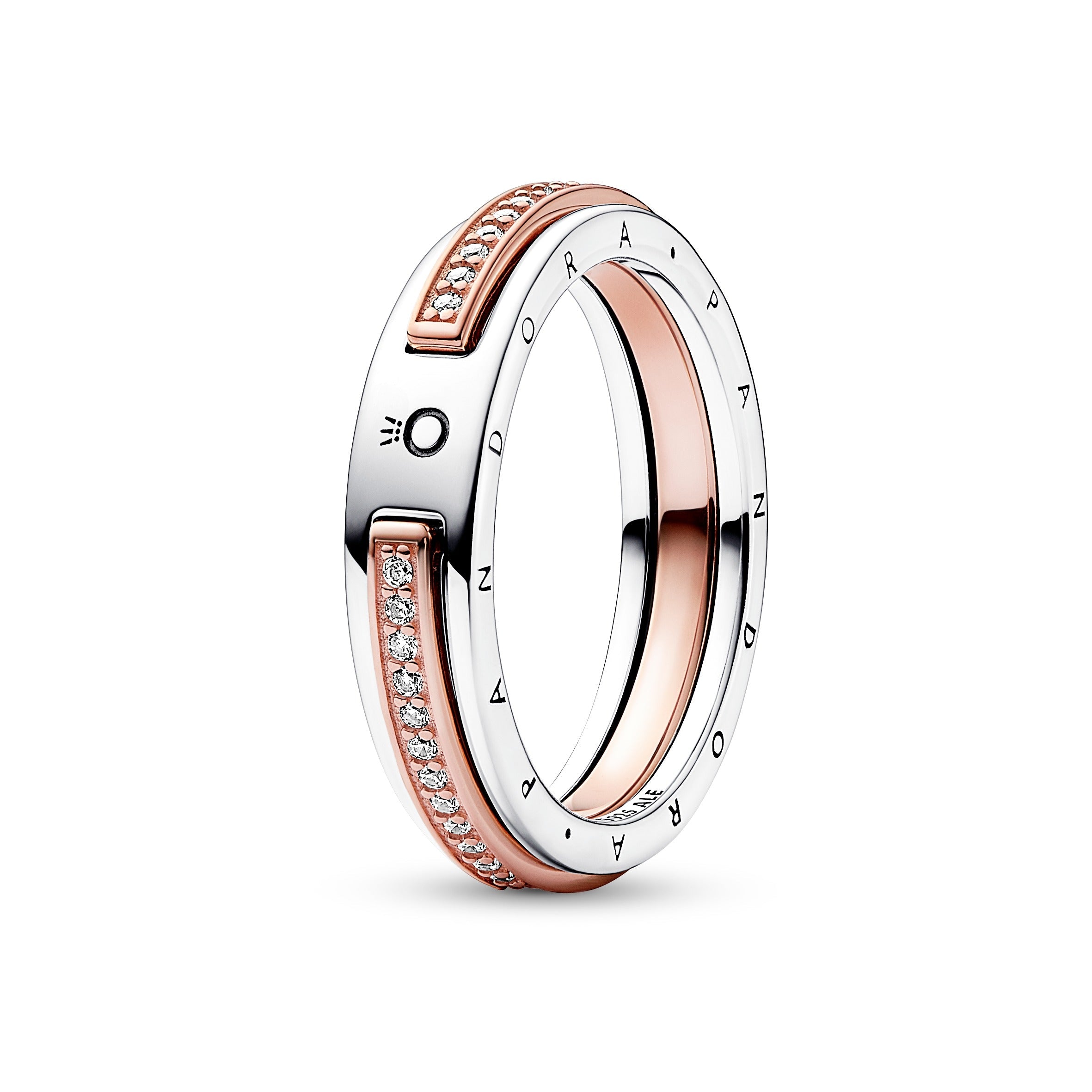 Pandora Logo Sterling Silver And 14K Rose Gold-Plated Ring With Clear Cubic Zirconia